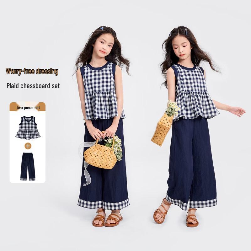 Girls  Plaid Sleeveless Top & Wide-Leg Pants Set 160