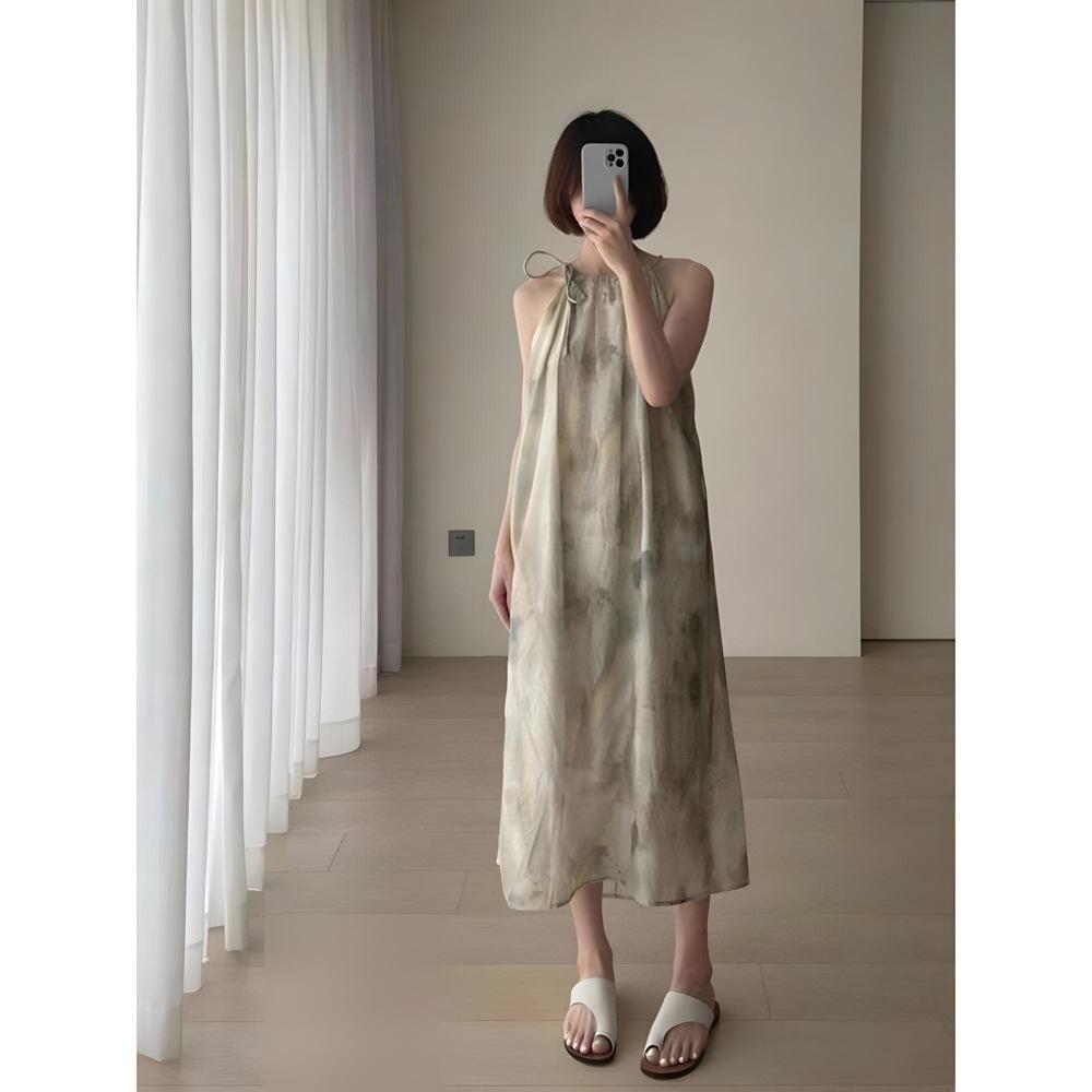 Smudge Print Lace-up Neck Dress for Women's Thai Seaside Vacation Super Fairy Beach Dress