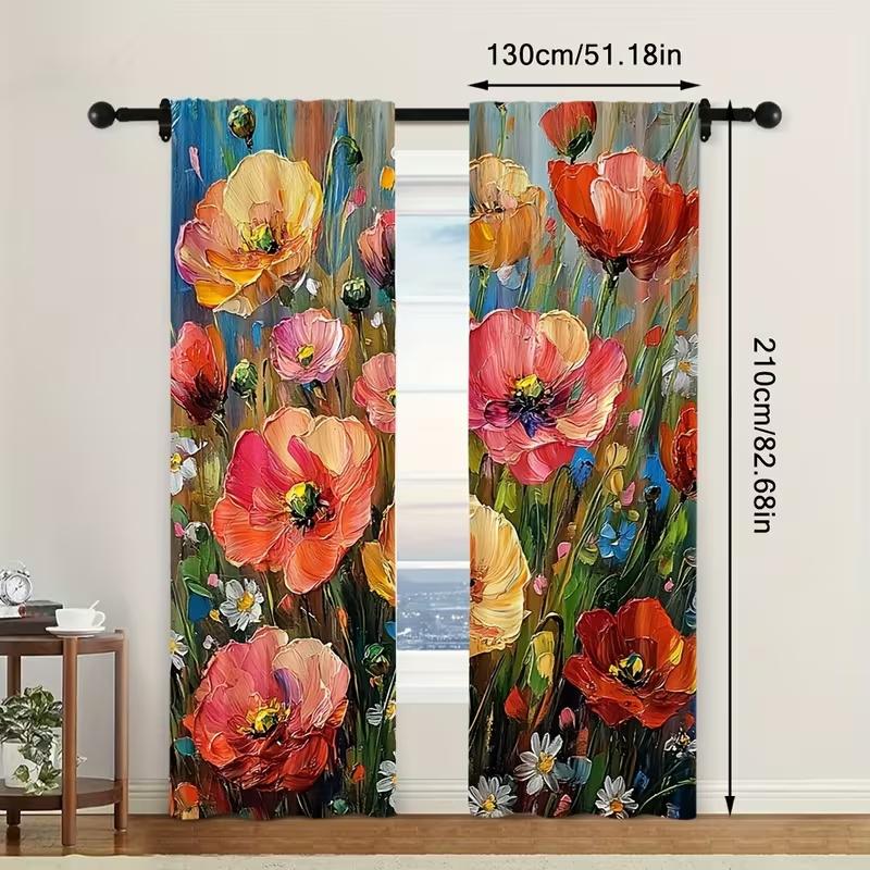 2 Pcs Oil painting flowers print curtains,suitable for bedroom,living room kitchen decoration,home decoration,window decoration