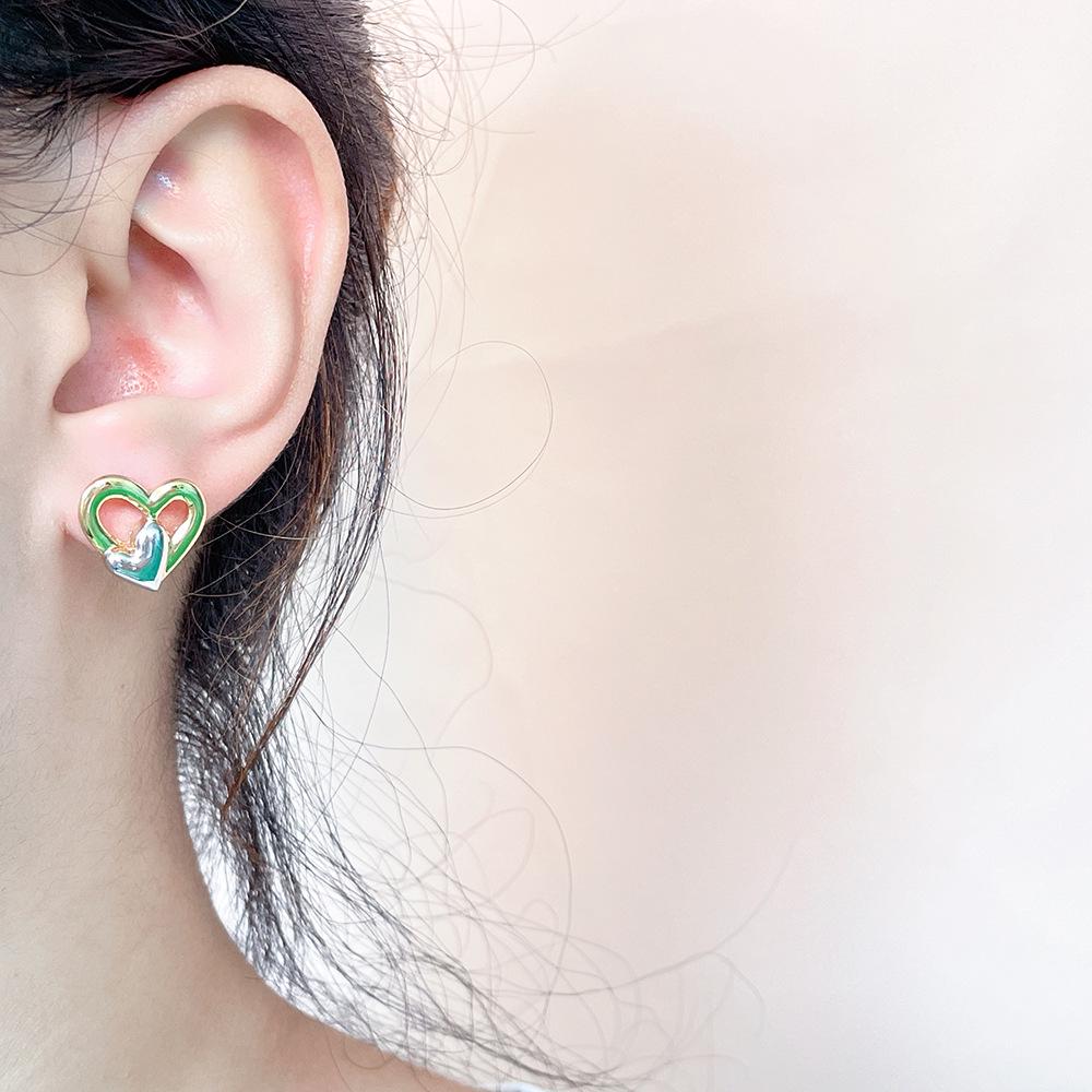 European & American Style Double-Layer Color Heart Stud Earrings - Versatile Fashion Jewelry for Women