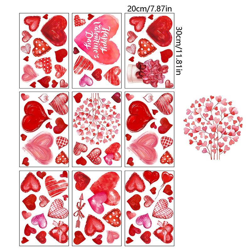 9Pcs 20X30Cm Valentine'S Day Window Stickers Cute Watercolor Red Heart Pattern Electrostatic Sticker Wedding Party Home Decor