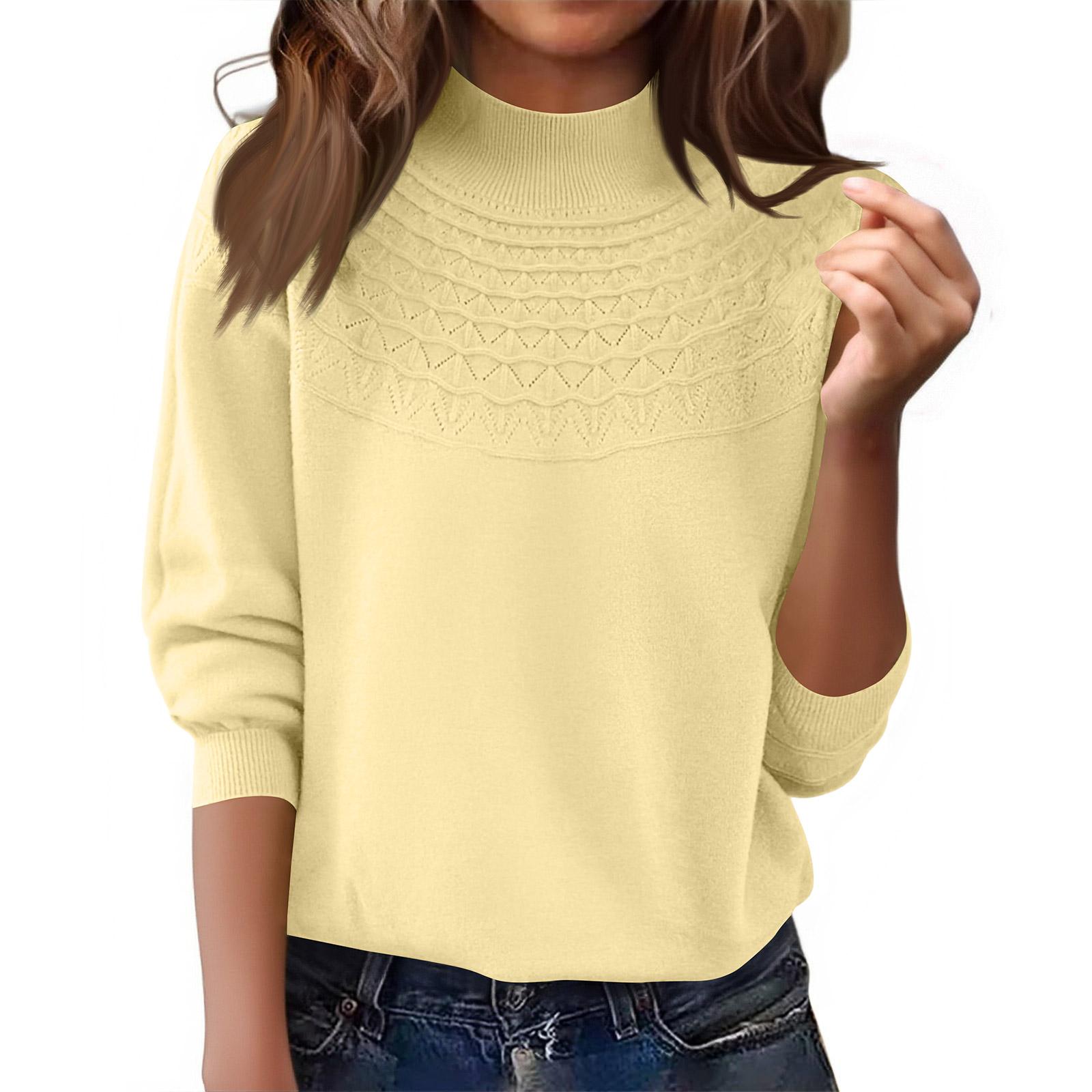 Женский модный пуловер с полувысоким воротом, ажурный вязаный свитер с длинным рукавом, однотонный свитер XL жёлтый