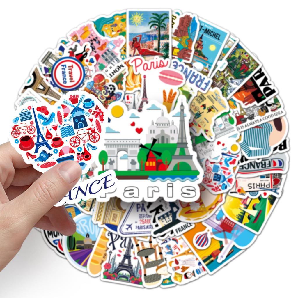 Creative French Cartoon Travel Stickers - 50 Decorative Sheets for Luggage & Scenery