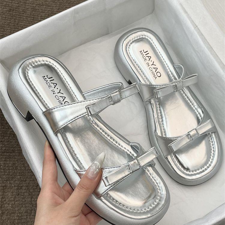 Silver French with Skirt One-word Thick-soled Slippers Women's Summer Fashion Outer Wear 2025 Sweet Bow Cool Slippers