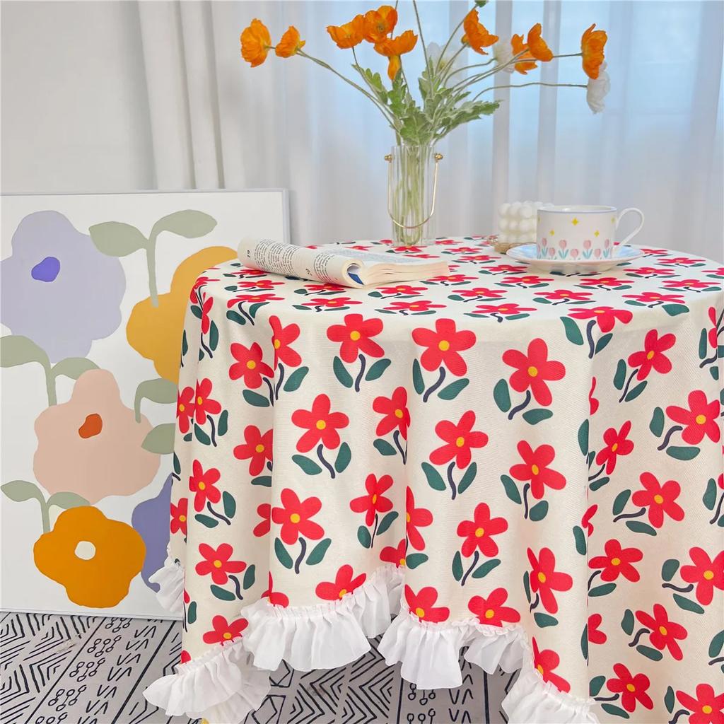 White Pleated Border Printed Tablecloth Flower Pattern Brushed Fabric Table Cover Rural Style Rectangular Dining Table Cloth