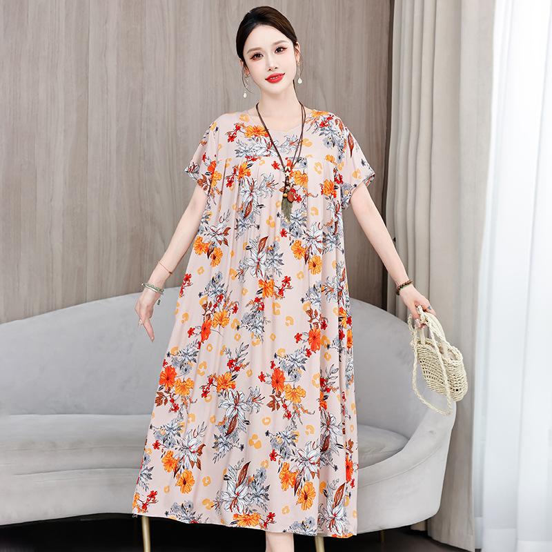 2 Neues hochwertiges florales Baumwoll-Seiden-Kleid für Damen-Sommer-Temperament, Bauchbedeckung für Mütter, große Größe künstliche Baumwolle langer Rock