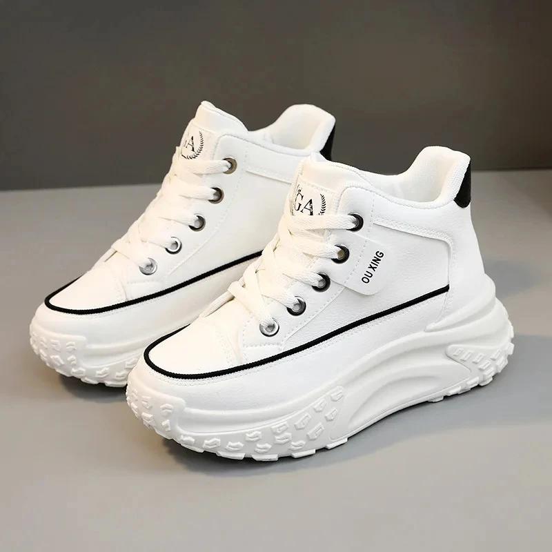 Fashion Women's Leather High Top Casual Shoes, Women's 2024 Autumn and Winter New Fashionable Breathable Thick Soled Retro Sports Shoes