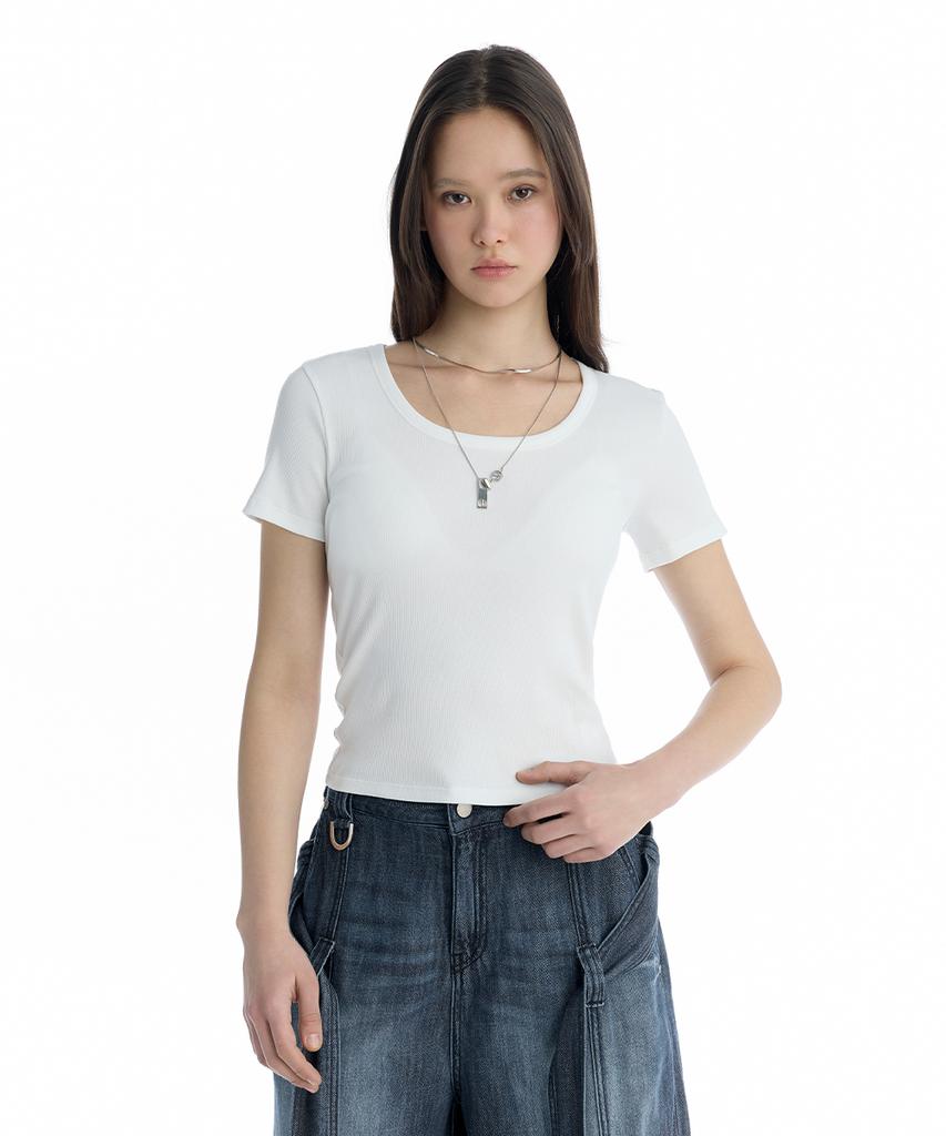 Teulimingbeodeu Essential U-Neck Ribbed T-Shirt [ White ]
