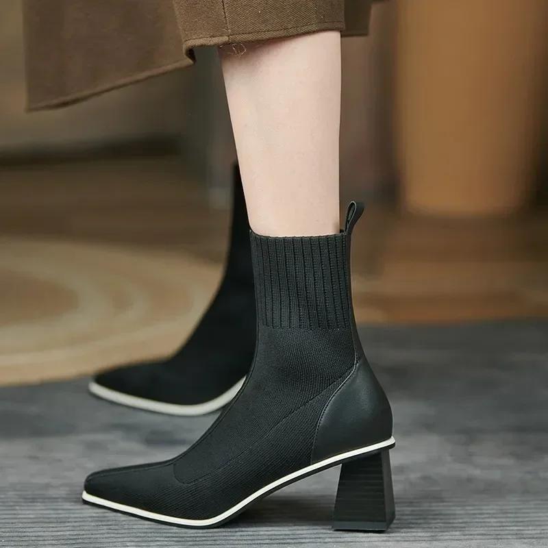 Socks Boots for Women's 2025New Square Toe Ankle Boot Fashion Woman Shoes Chunky Thick Heel British Knitted Short Boots