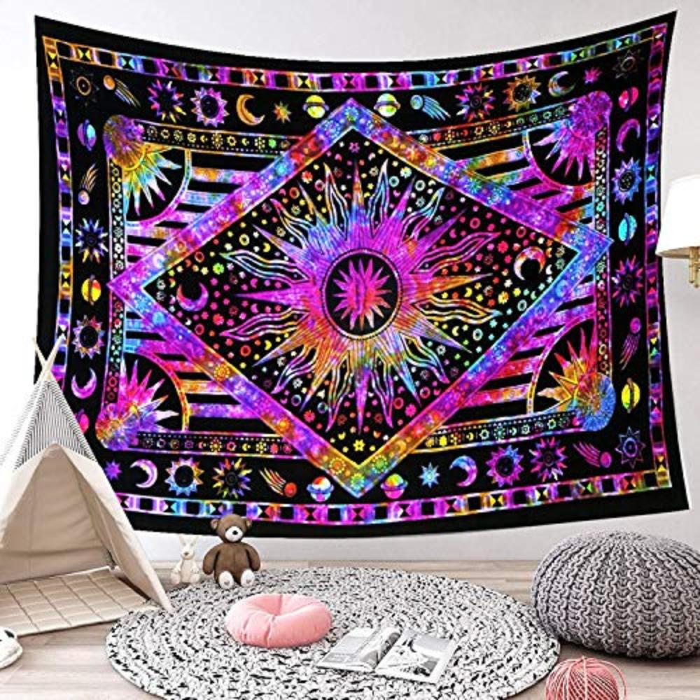 BLESS INTERNATIONAL Handmade Indian Hippie Bohemian Psychedelic Celestial Sun Moon Wall Hanging Bedding Tapestry (Purple Multi)