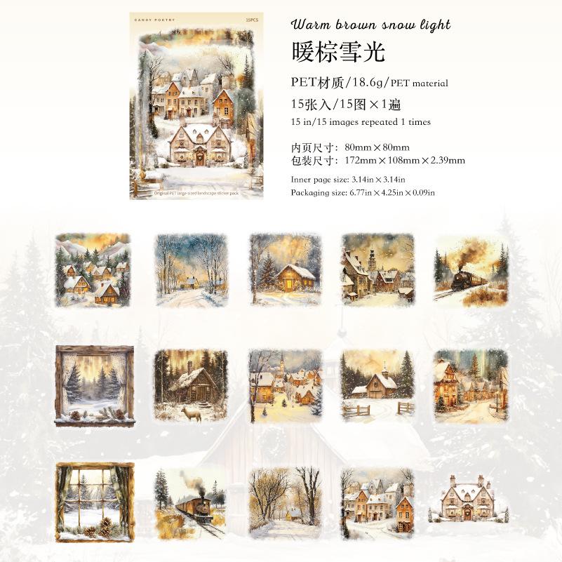15 Sheets Winter Snow Scene Sticker Pack No-Repeat Designs For Hand Account Embellishment