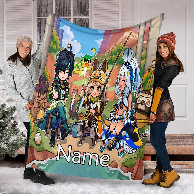 Pătură Personalizată cu Nume - Design cu Personaje Genshin Impact, Pătură pentru Canapea, Pat, Călătorii, Camping - Moale și Călduroasă, Cadou Minunat