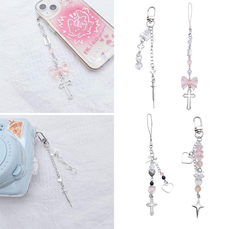 Beaded Wrist Strap Cross Pendant Keyring Hollow Heart Bead Wrist Strap Y2k