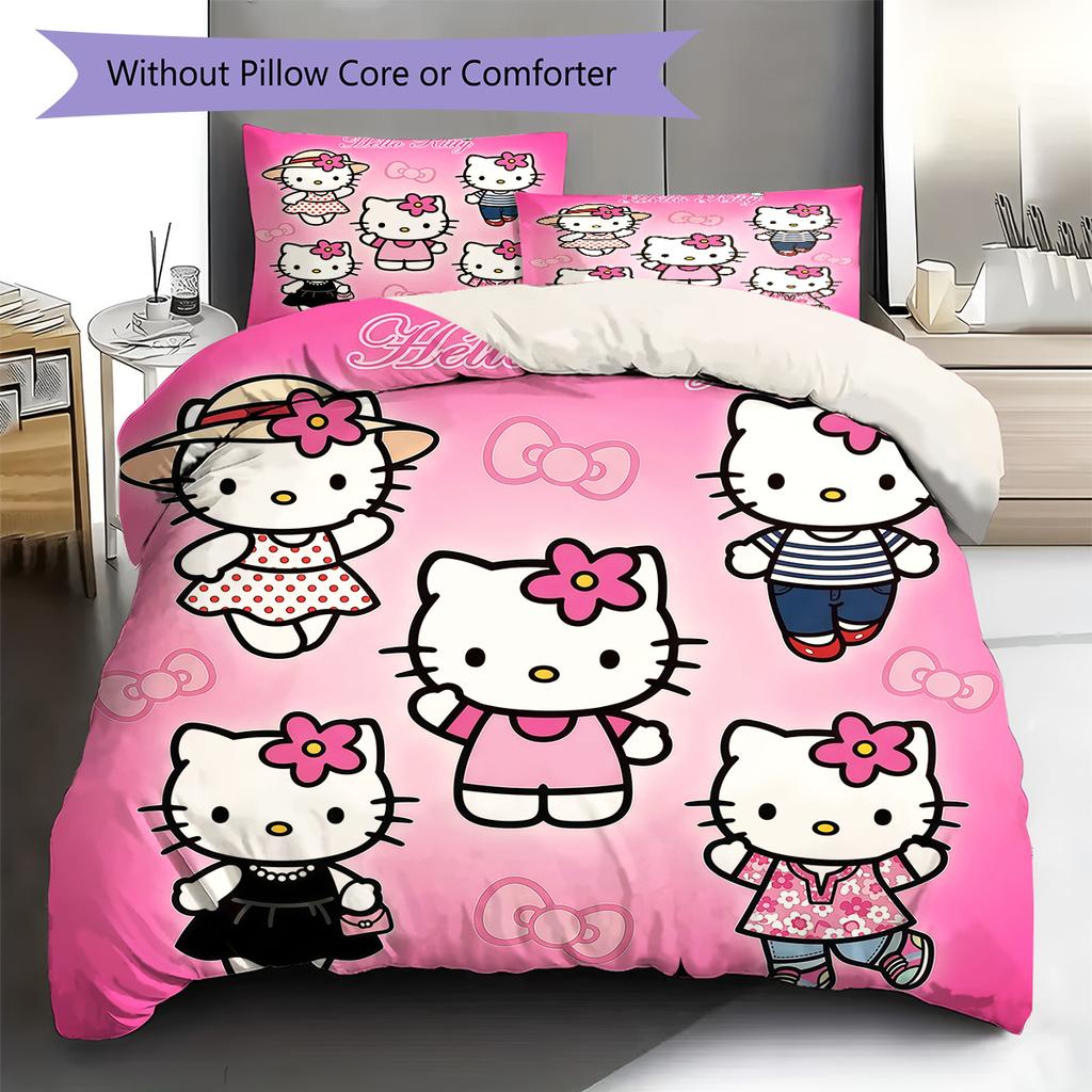 Hello Kitty Cute Pattern Bedding,Quilt Set Quilt Cover Pillowcase Home Birthday Gift(1 * Duvet Cover + 2 * Pillowcase, Without Core)