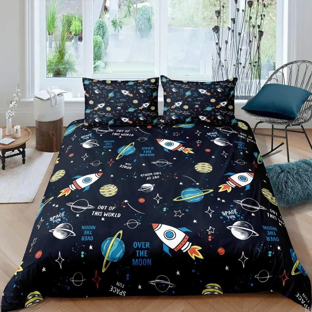 Rocket Duvet Cover Set King Size Spaceship Bedding Set Twin Microfiber Outer Space Galaxy Stars Planet Cartoon Style Quilt Cover