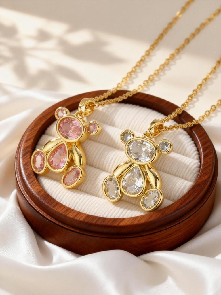 Pink/White Zircon Cute Bear Pendant Necklaces for Women Girls O-Chain Necklace Trendy Sweet Bear Accessories Gifts