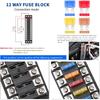 12-Way 12V Fuse Box Blade, 12-Volt Fuseholder, No LED Indicator, Moisture Resistant Cover - With Ground Bus 12-Way Independent Positive Fuseholder