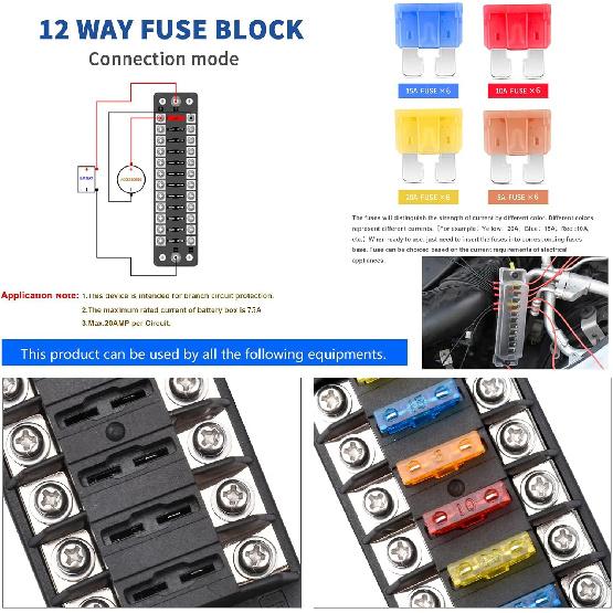 12-Way 12V Fuse Box Blade, 12-Volt Fuseholder, No LED Indicator, Moisture Resistant Cover - With Ground Bus 12-Way Independent Positive Fuseholder