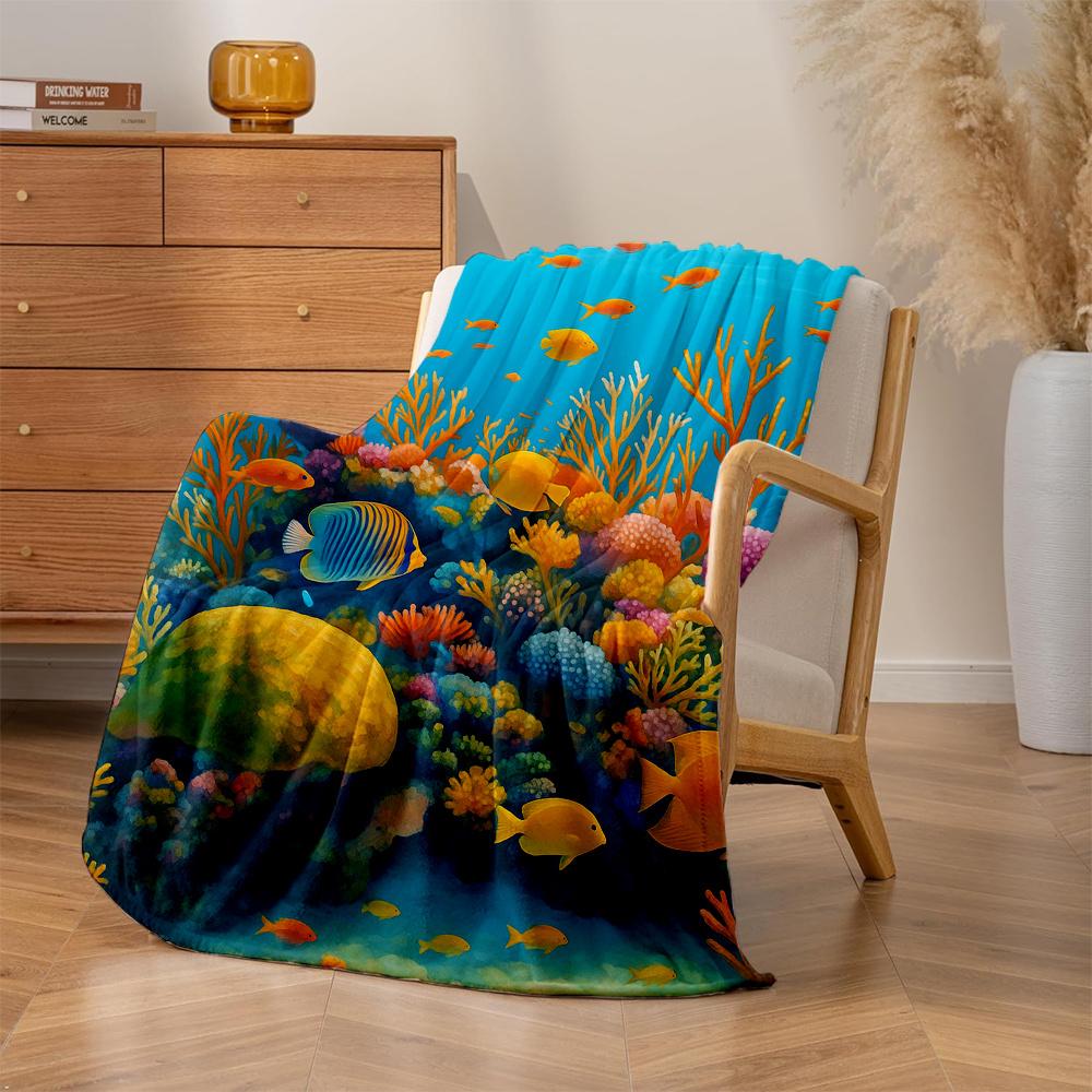 1pc Turquoise Blue Coral & Fish Fleece Blanket - Plush Thick Quilted-like Texture, Soft Warm All-Season Bedspread with Sea Life