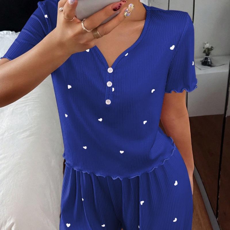Women Short Sleeve Heart Print Ribbed Long Pants Pajama Set Casual Home Sleepwear