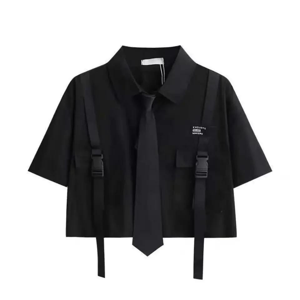 Damen-Cargohosen-Set für den Sommer im dunklen Gothic-Stil, kurzärmeliges Hemd mit Gürtel + schwarze Jogginghose mit Kettengliedern, zweiteiliges Set