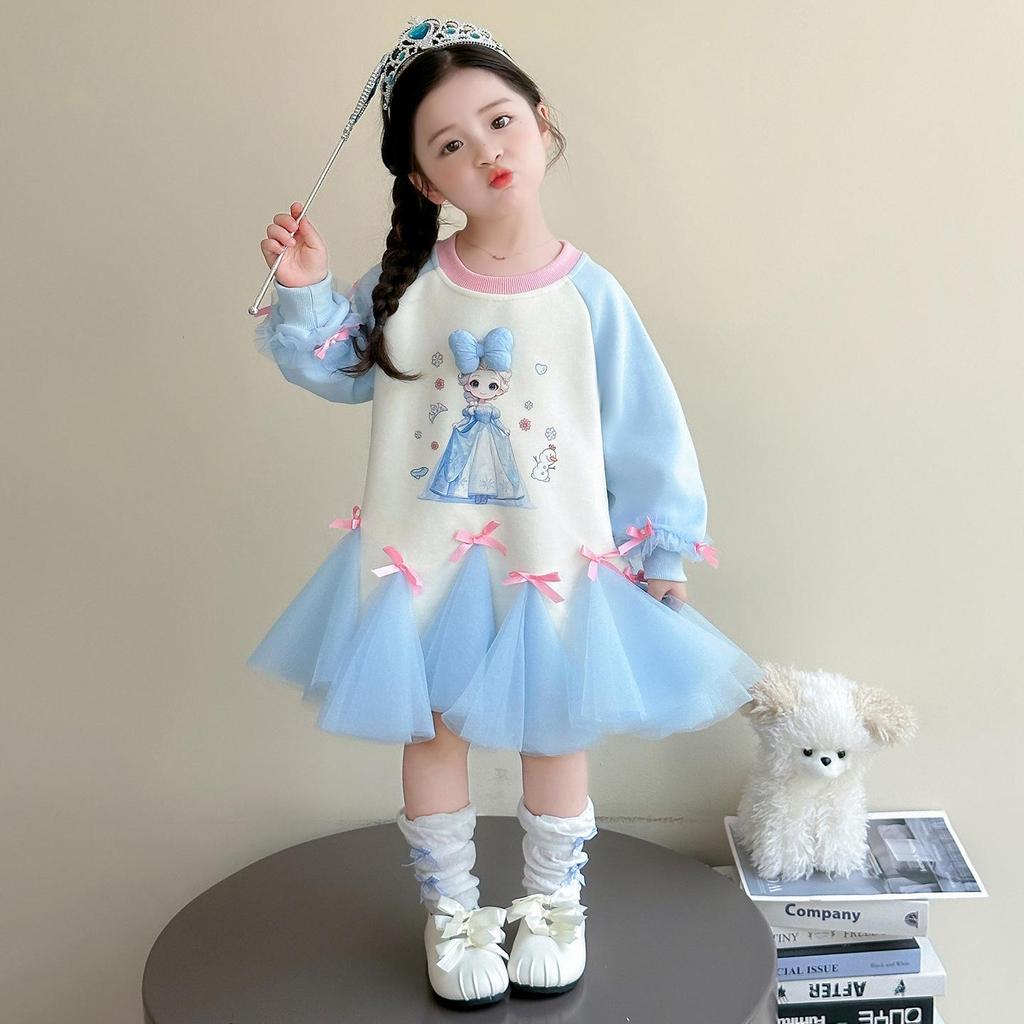 Autumn 2025 Girls' Cartoon Sweatshirt Mesh Dress with Bowknot - Sweet Baby Princess Dress