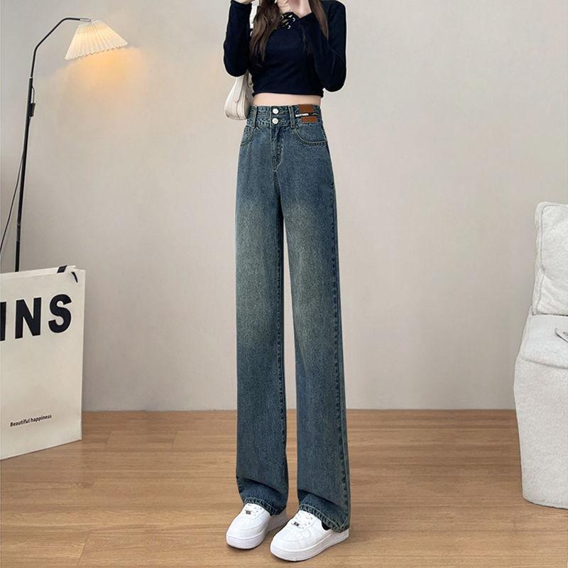 Women's Retro Double-Breasted High Waist Wide Leg Jeans - Spring/Autumn Straight, Loose, Slimming, Floor-Length