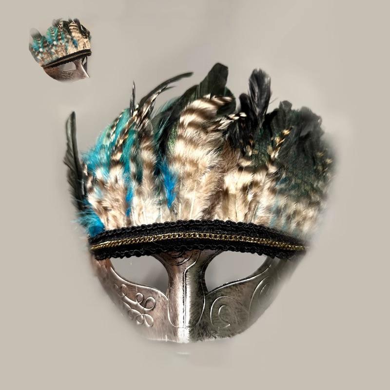 Măști Venețiene cu Pene pentru Mascaradă, Măști Romane Antice pentru Fața Parțială, Accesorii Costum Gothic Halloween pentru Baluri de Bal