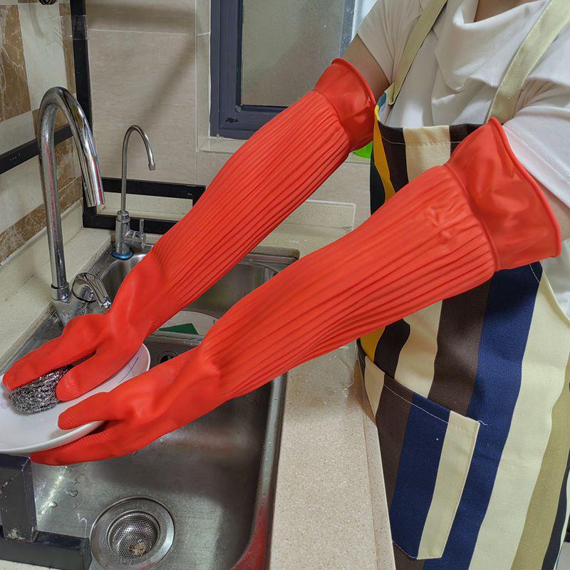 Extra Long Fleece-Lined Latex Dishwashing Gloves - Durable, Thickened Rubber for Household Cleaning