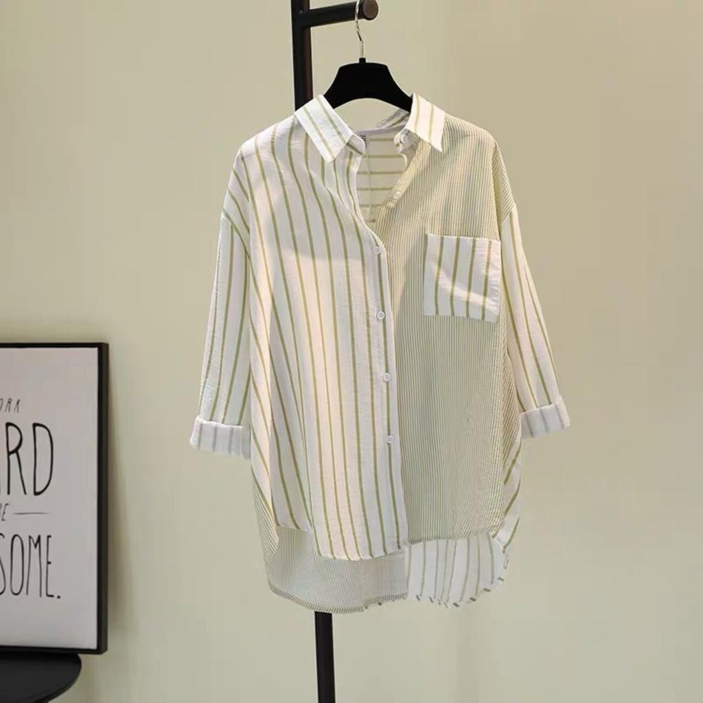 Cotton and Linen, Single Pocket, Color Blocked, Striped Shirt, Women's, Spring New Style, Loose, Casual Shirt, Top