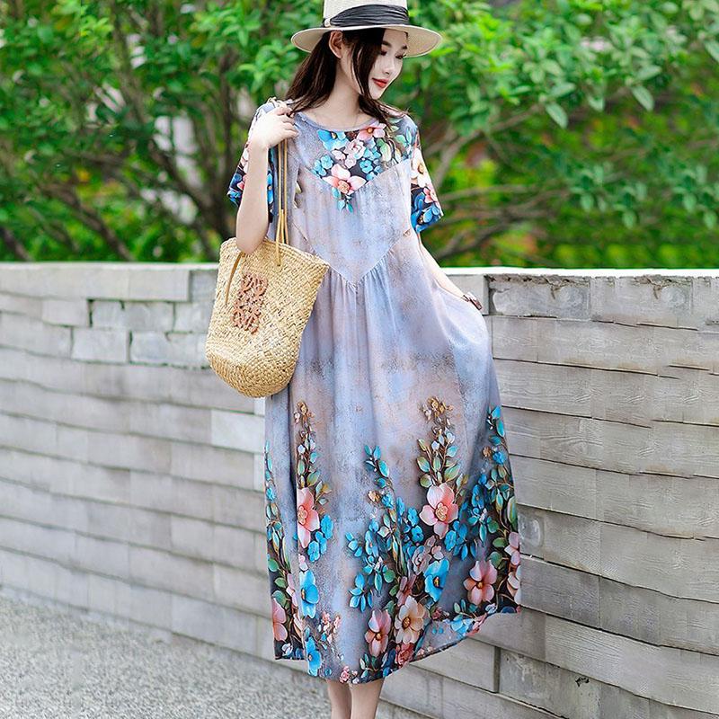 Summer Women's Plus Size Dress Loose Round Neck Floral Dress Soft Skin-friendly Breathable Long Dress