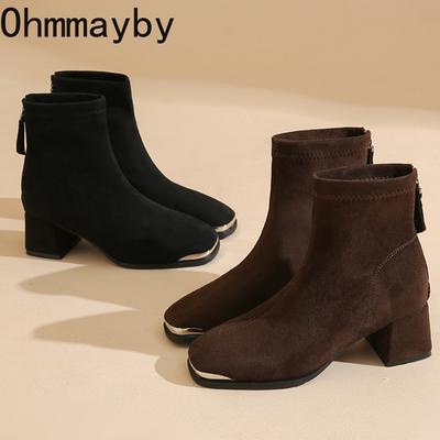Winter Vintage Slim Women Thick Heel Ankle Boots Metal Square Toe Shoes Modern Short Botas Para Mujer