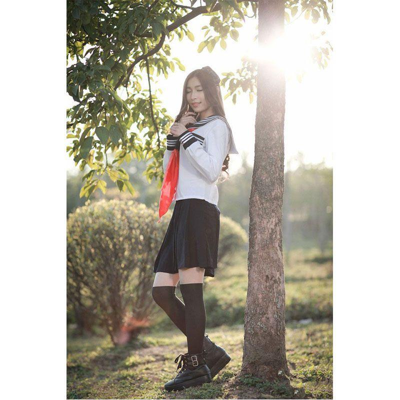 Elegant Women's Long Sleeve School Girl Uniform Sailor Dress For Cosplay Enthusiasts