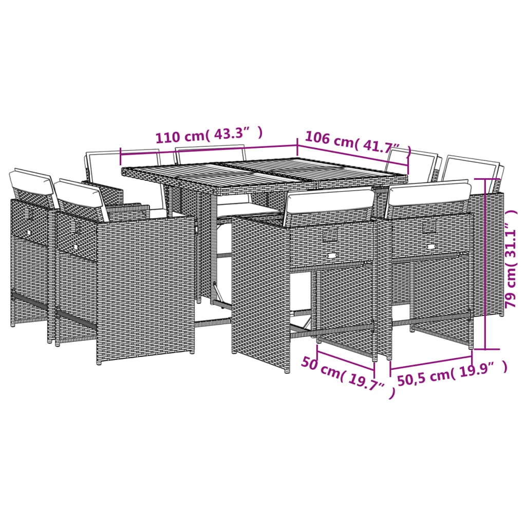 9 Piece Outdoor Dining Set with Cushions Grey Poly Rattan