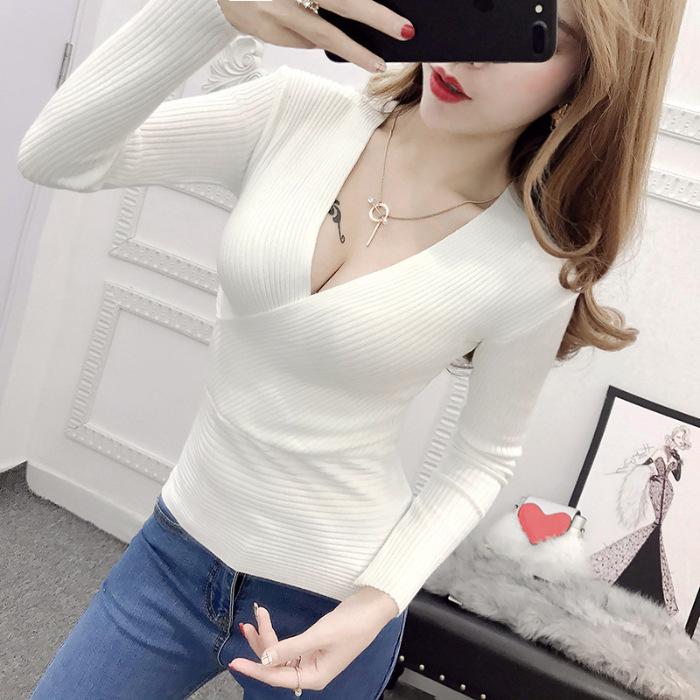 Women's Slimming V-Neck Sweater - Autumn/Winter Long Sleeve Knit Top
