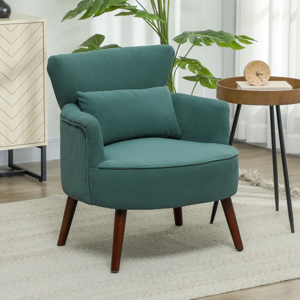 Modern Armchair, Upholstered Accent Chair with Lumbar Cushion, Rubberwood Legs, Dark Green
