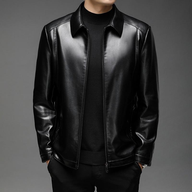 Fleece Leather Jacket Men's Autumn and Winter New Lapel Collar Soft Leather Jacket Middle-aged Men Loose and Casual