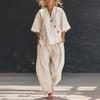 Damen 2-teiliges Outfit: Lässiges Kurzarm-Top mit Knopfleiste und V-Ausschnitt sowie lange Hose mit Taschen, Loungewear-Set für den Sommer, locker geschnitten