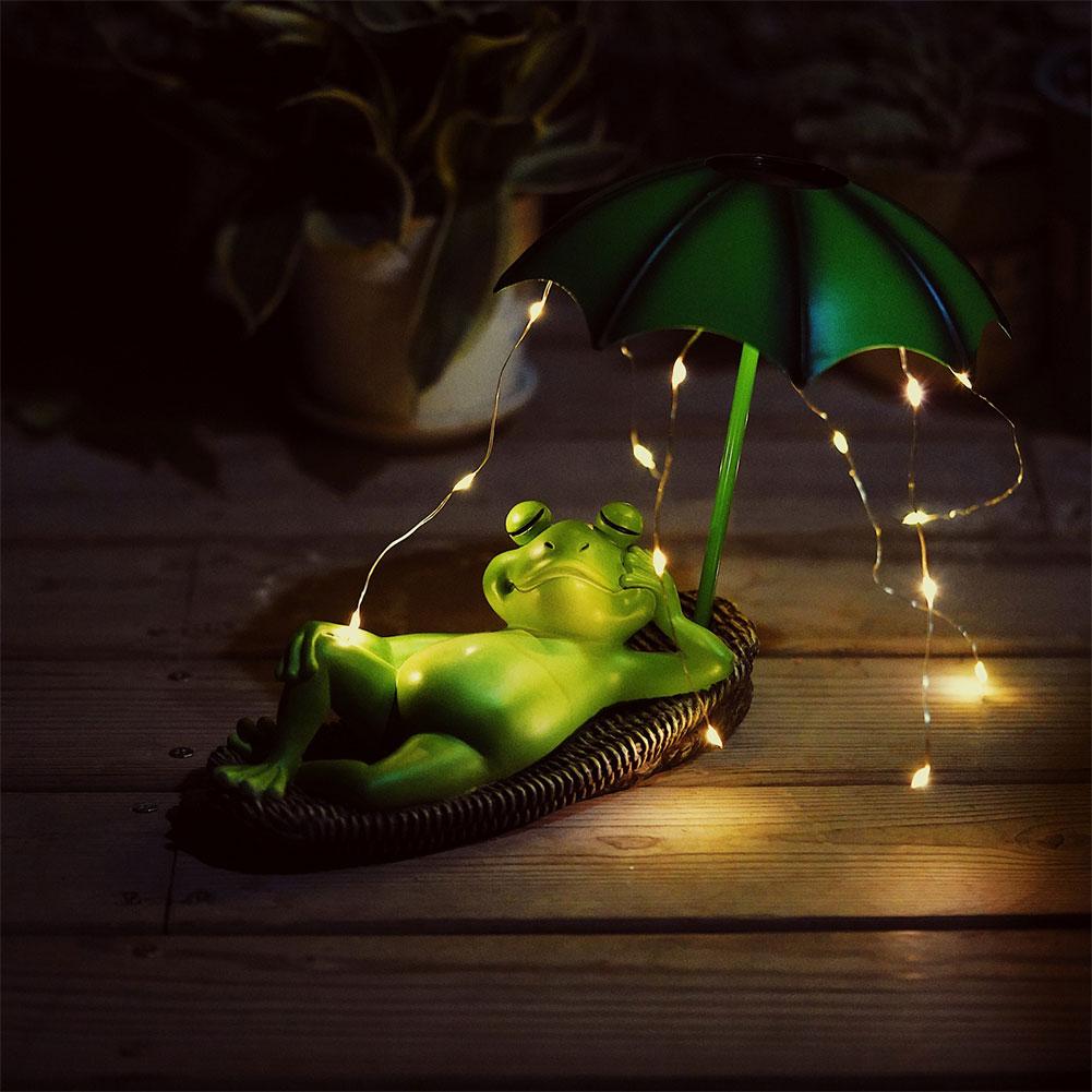 Cute Animal Sculpture Light Solar Frog Umbrella Pond Statues Resin Cute Frog Pond Yard Statue for Yard Patio Garden Lawn Balcony