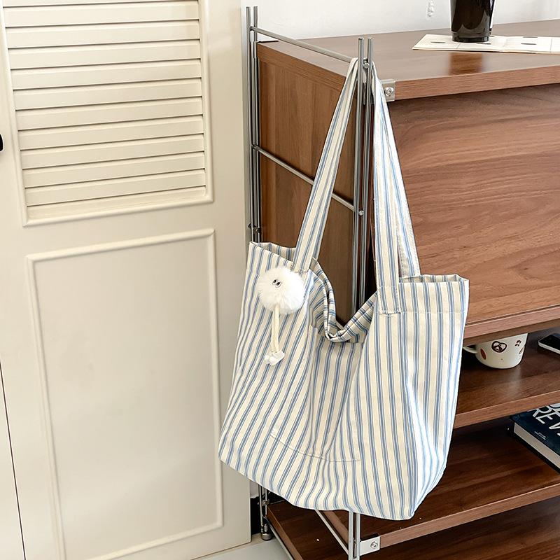 Striped Canvas Bag Women's Large-capacity Summer New Casual Shoulder Bag College Student Class Tote Bag