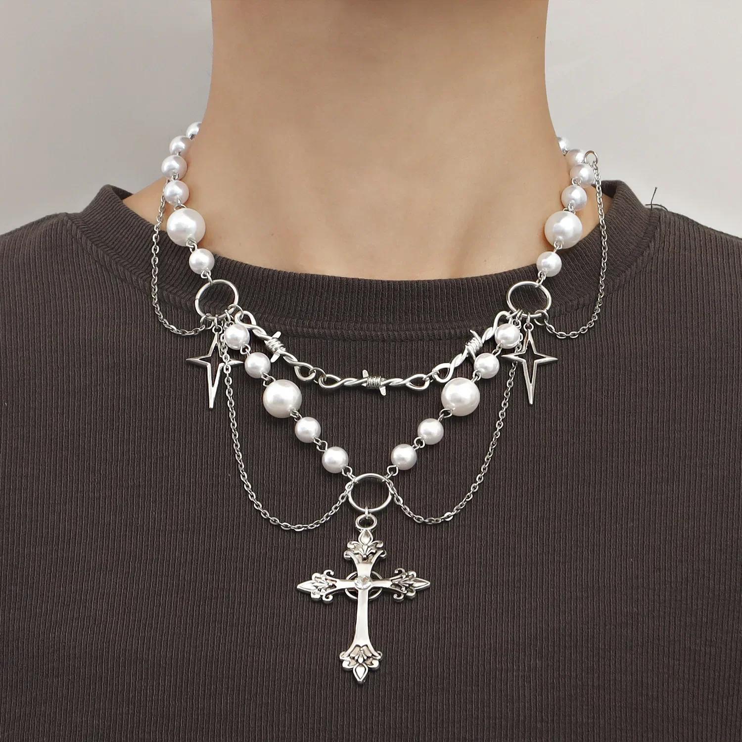 

Punk Crosses Pendant Necklace Gothic Crosses Layered Chain Imitation Pearls Beaded Choker Vintage Sweater Chain Jewelry Gifts
