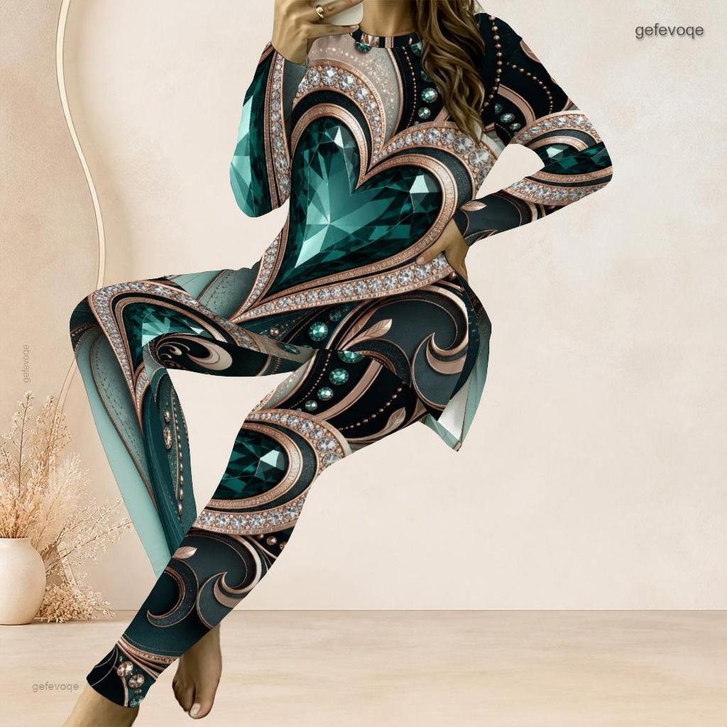 Women Plus Size Round Neck Long Sleeve Printed Dark Green Two Piece Set Longline Top And Fitted Pants