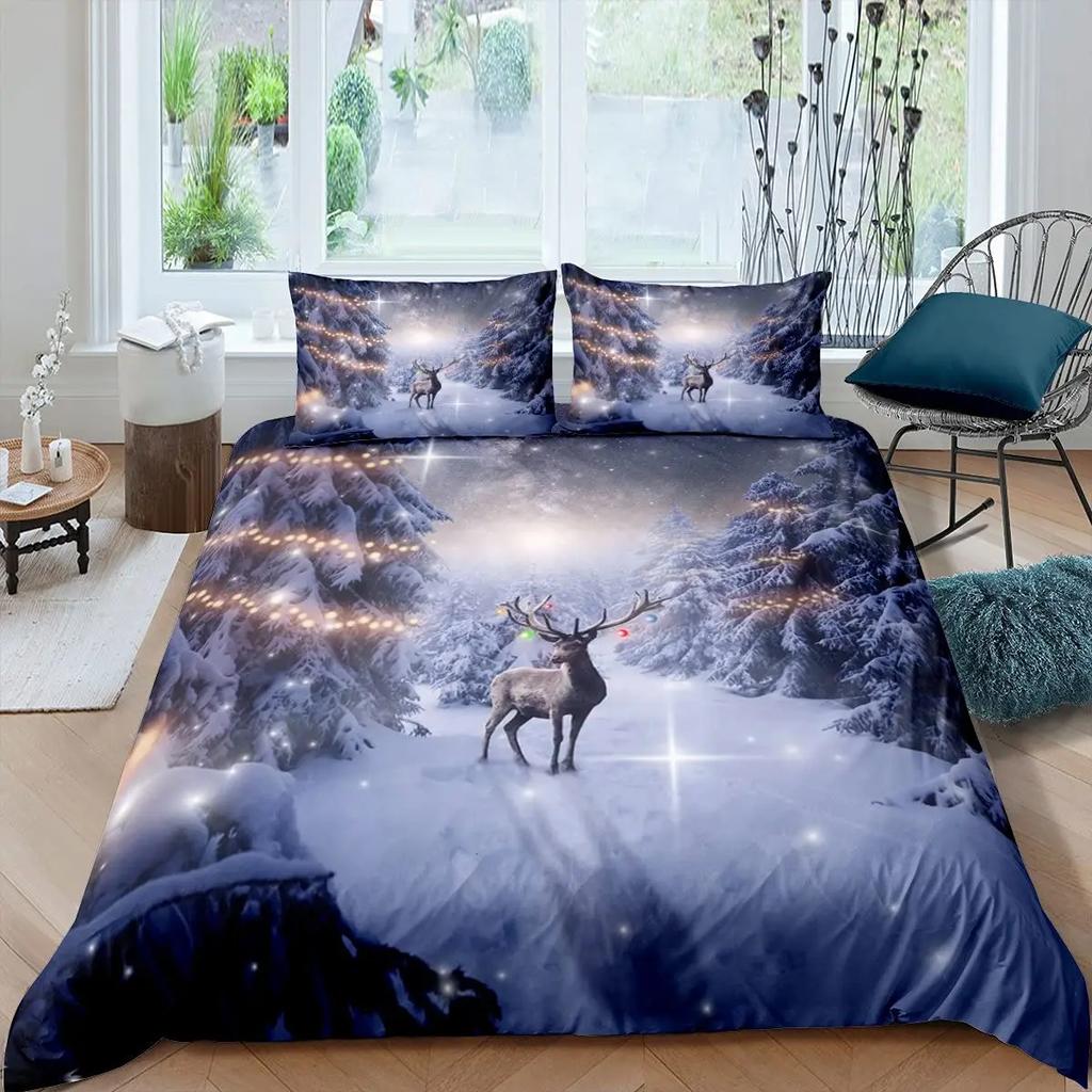 Christmas Tree Duvet Cover Set Blue Xmas Comforter Cover Girly Glitter Elk Bedding Sets Winter Snowflakes Duvet Cover Full Size