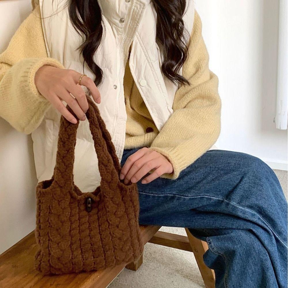 Creative Multicolor Twists Knitted Handbag Soft Cow Horn Button Weave Woolen Bag Large Capacity Cute Knitted Wrist Bag Travel