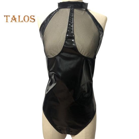 Women Honeymoon Bodysuit Fishnet Faux Leather Patchwork Off Shoulder Bodycon Chain Decor Open Crotch Playsuit Nightclub Hotel Wedding Night Sex