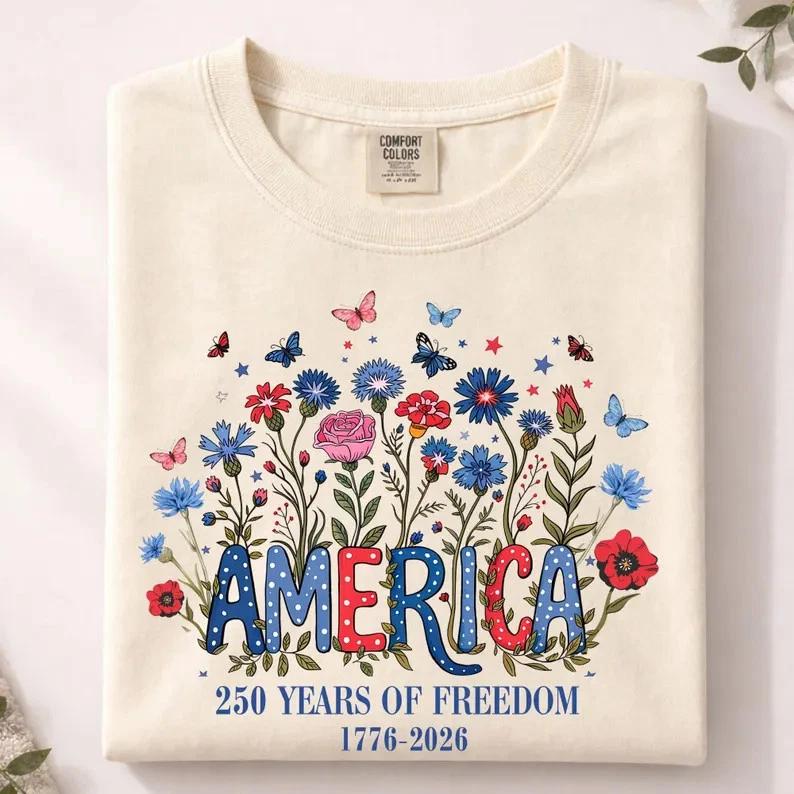 Floral 250th Anniversary Shirt Wildflower Patriotic Independence Day Tee S