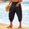 Men Cropped Pants Elastic Waist Solid Color Drawstring Soft Breathable Casual Patch Pockets Mid-calf Length Beach Trousers