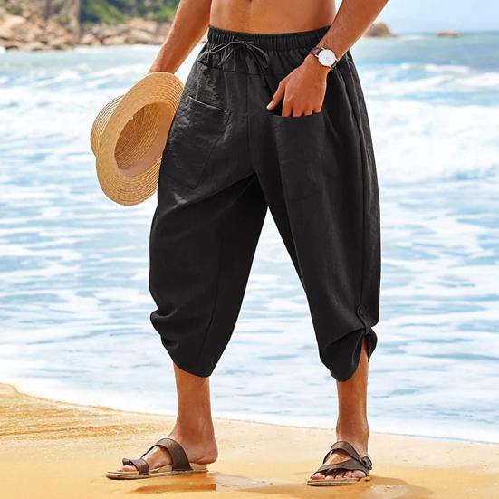Men Cropped Pants Elastic Waist Solid Color Drawstring Soft Breathable Casual Patch Pockets Mid-calf Length Beach Trousers