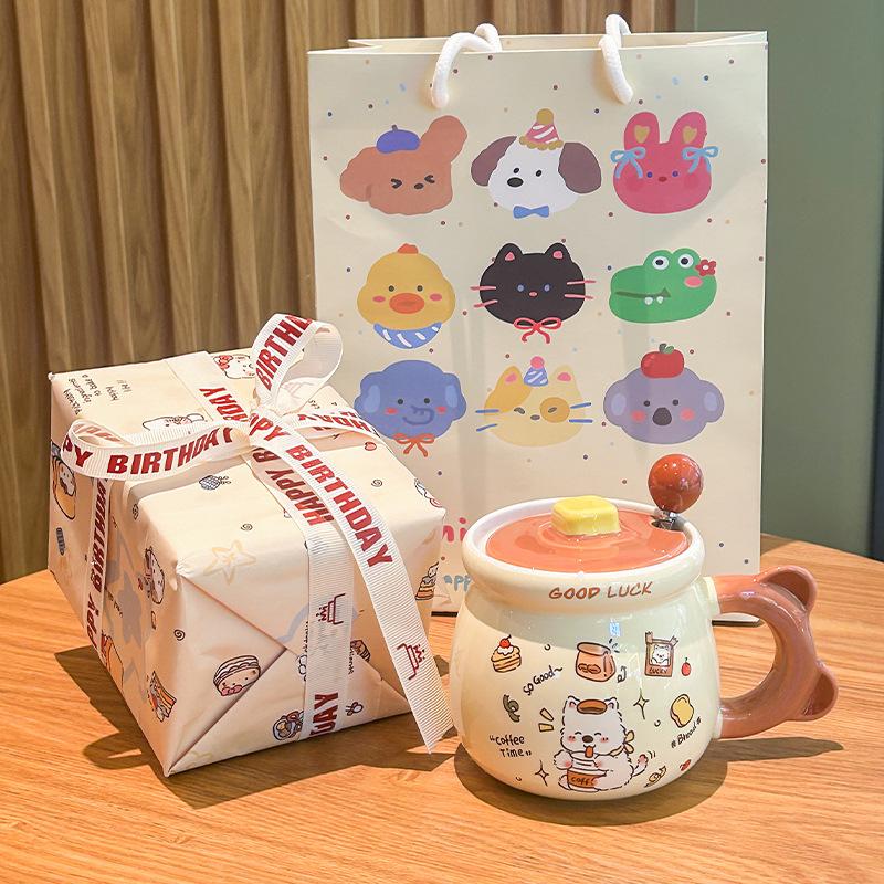 Birthday Gift Cute Cream Puppy Water Cup Girls Ceramic Mug with Lid Girlfriend Children Practical Souvenir