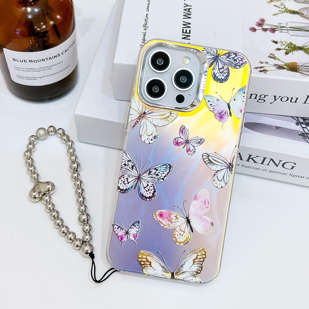 Electroplated Laser Butterfly for IPhone16e Mobile Phone Case for Apple 15promax with Pearl Bracelet 14